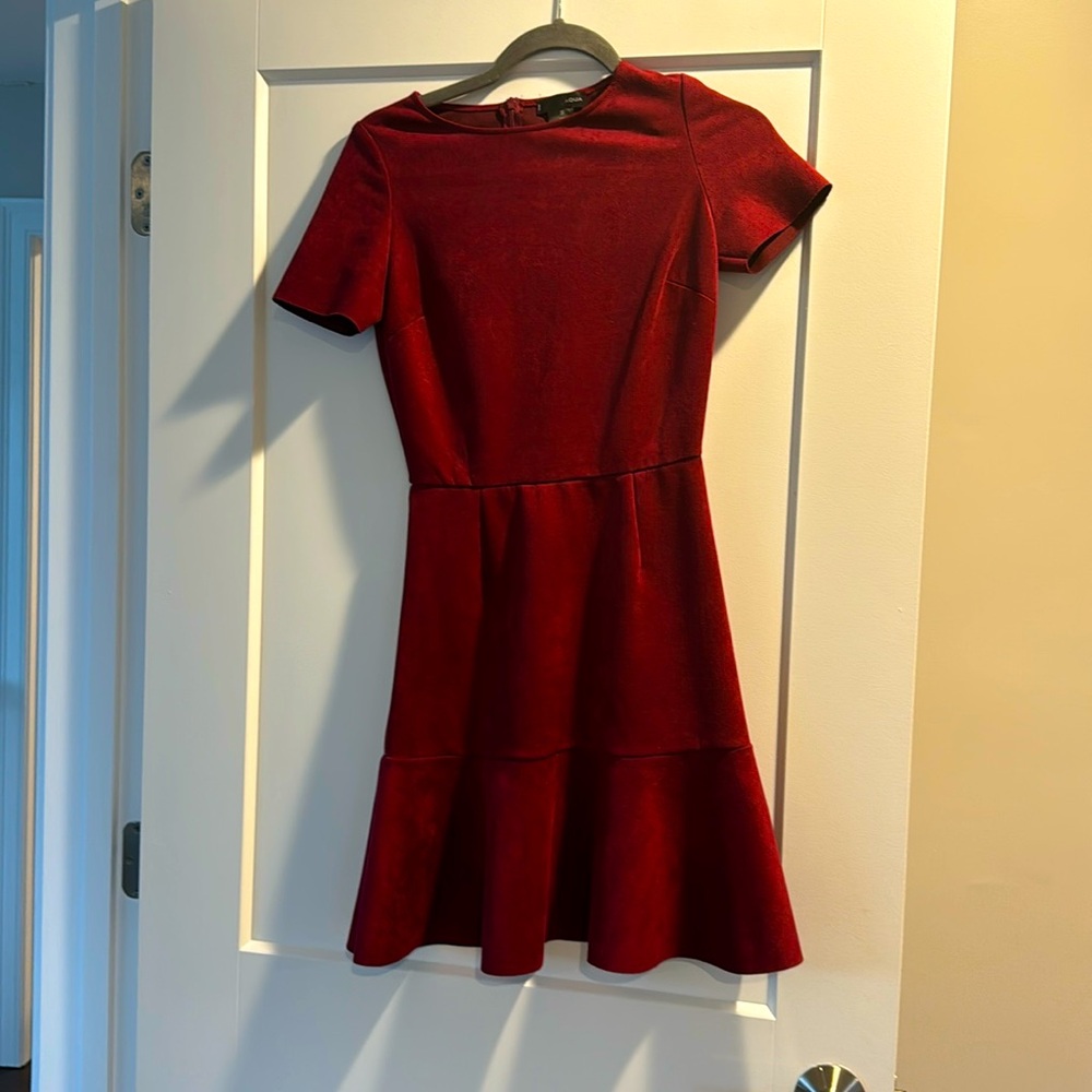 Burgundy faux suede Aqua Bloomingdale’s dress, short sleeves.